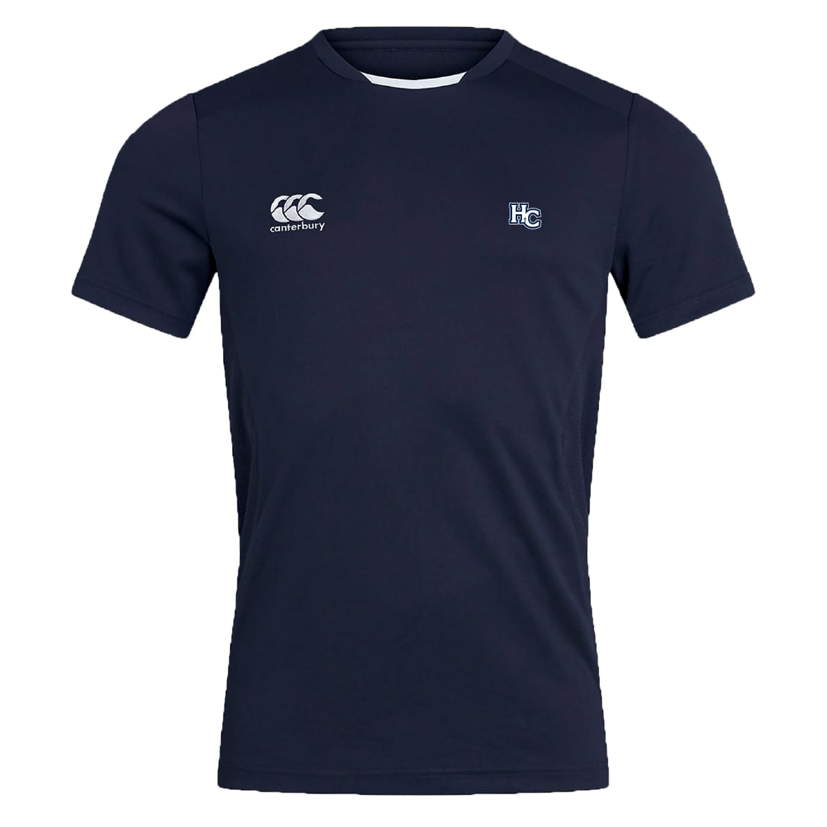 The Holy Cross Club Dry Tee by EMB Canterbury is a navy blue short-sleeve shirt with a white "Canterbury" logo on the right chest, "HC" initials on the left, and Vapodri Technology for breathability during workouts.