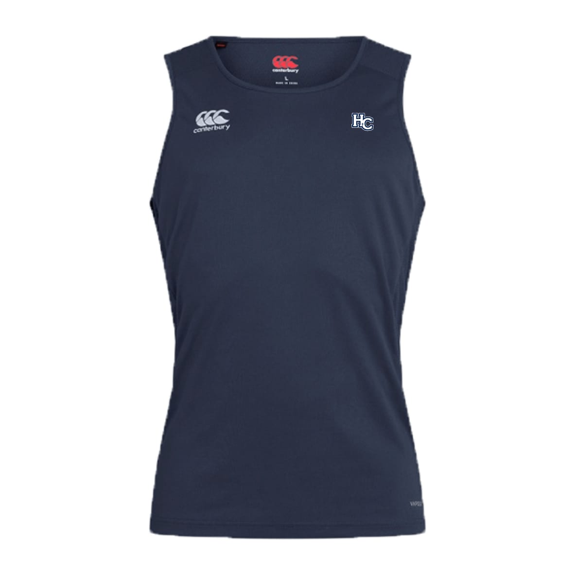 The Holy Cross Club Dry Singlet by EMB Canterbury is a sleeveless navy athletic top featuring small white “CCC” and “HC” chest logos, ideal for high-performance workouts.