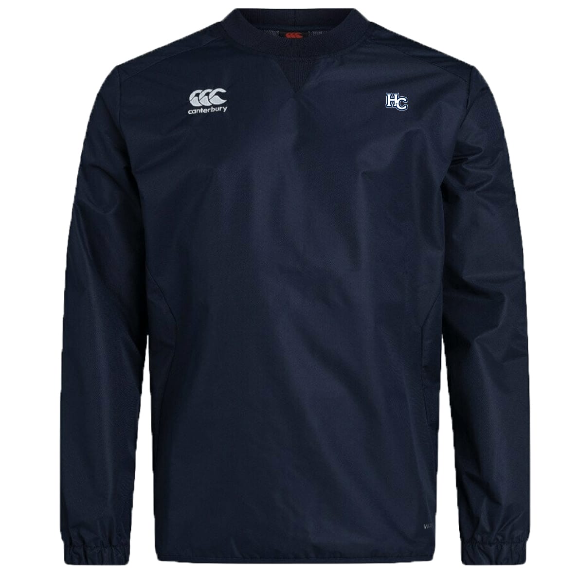 The Holy Cross Club Vaposhield Contact Top by EMB Canterbury is a navy long-sleeve athletic pullover with crew neck, Vaposhield tech, Canterbury logo right chest, and "HC" emblem left—perfect as a custom rugby training top.