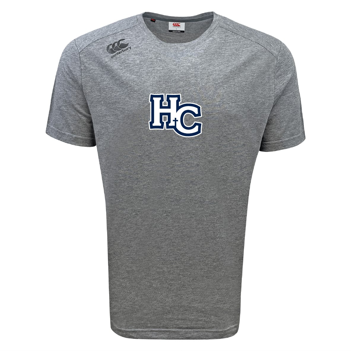 The Holy Cross Tempo Vapodri T-Shirt by WRS Canterbury is a gray short-sleeve tee with a blue and white "HC" chest logo and Canterbury branding. Vapodri fabric wicks moisture to keep you cool and comfortable.