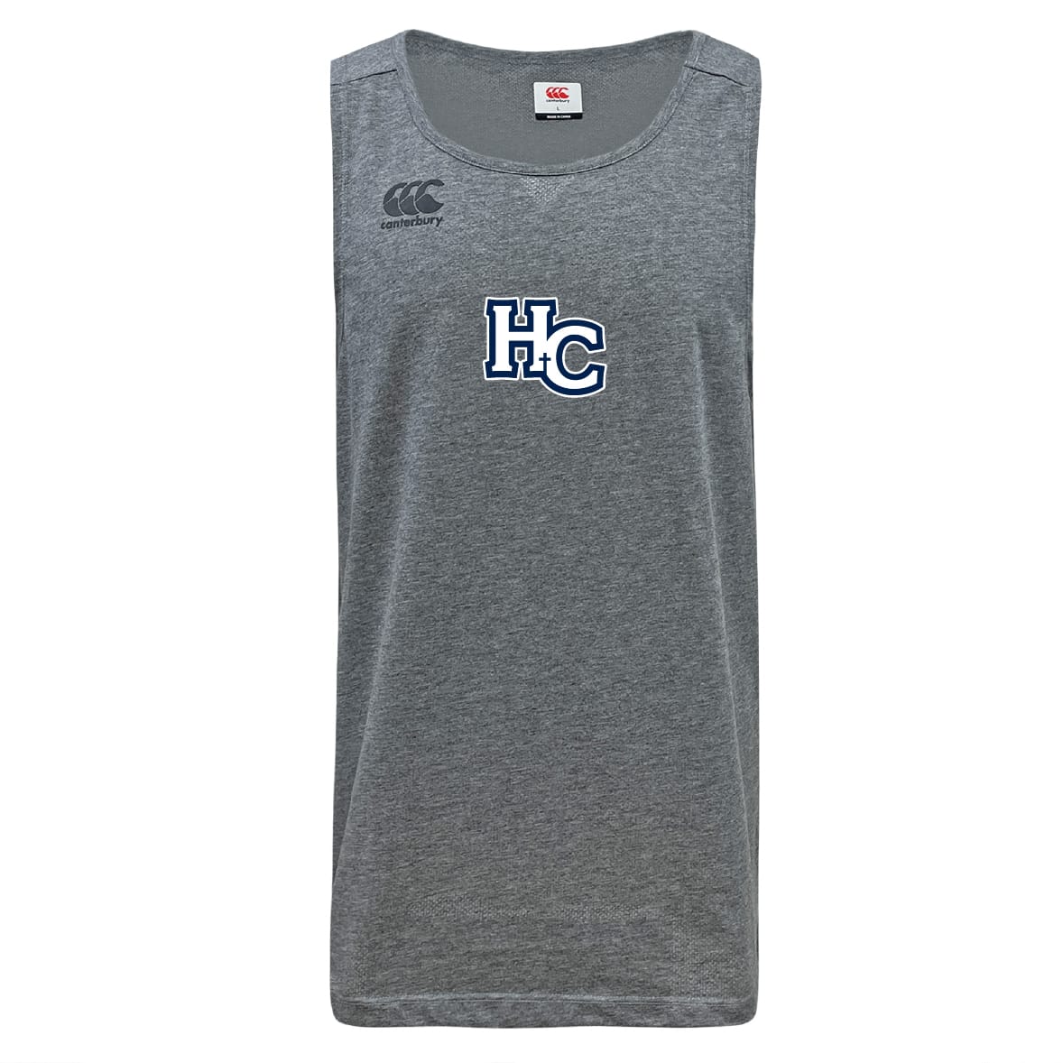 The Holy Cross Tempo Vapodri Singlet by WRS Canterbury is a sleeveless gray athletic tank top featuring VapoDri tech, the Canterbury logo on the right shoulder, and "HC" in blue and white on the chest.
