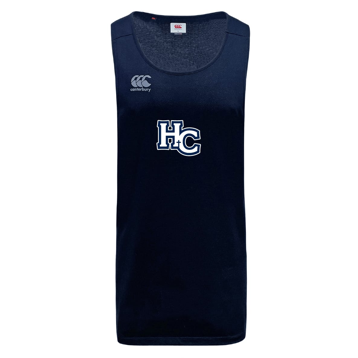 The Holy Cross Tempo Vapodri Singlet by WRS Canterbury is a navy blue athletic tank featuring the "HC" logo front and center, a Canterbury brand logo on the upper left chest, and made from recycled polyester.