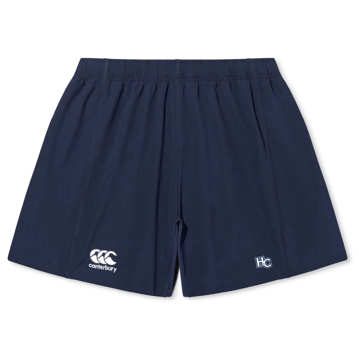 The Holy Cross Yokohama Short by EMB Canterbury features a navy blue design, elastic waistband, and "canterbury" and "HC" logos. Perfect for training, these durable shorts provide comfort on or off the field.