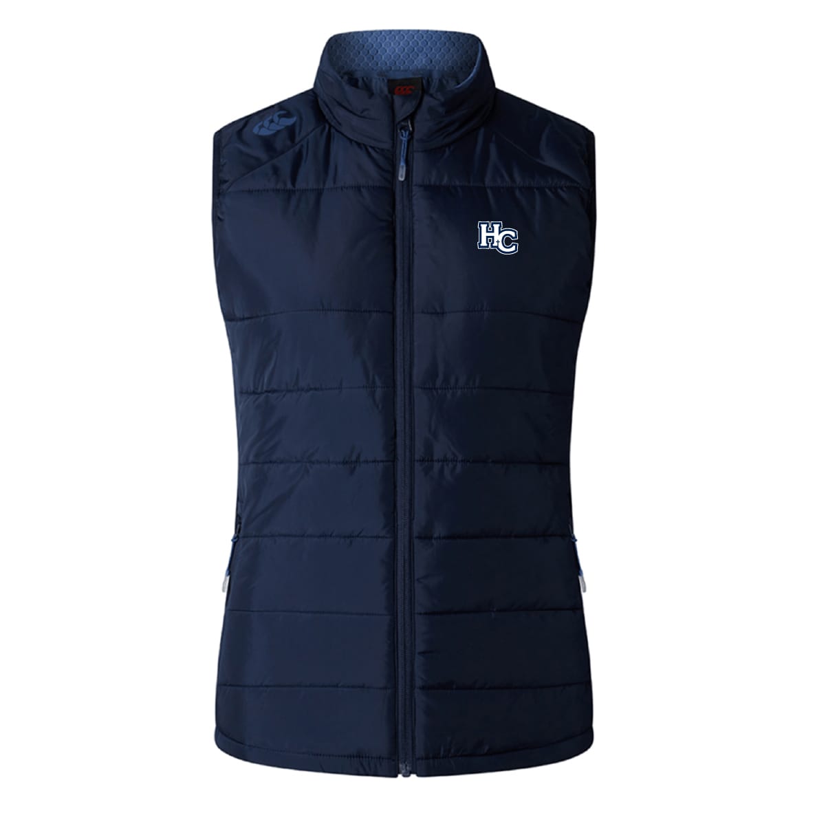 The Holy Cross Women's Elite Microlite Gilet by EMB Canterbury is a navy blue, sleeveless vest with a front zipper, "HC" chest logo, and Thermoreg bonded fleece for warmth and style.