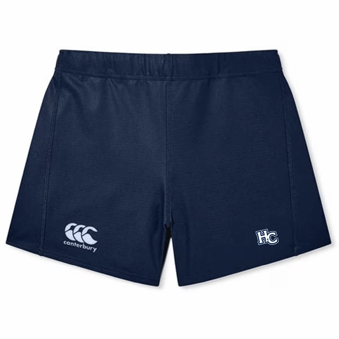 The Holy Cross Women's Yokohama Short by EMB Canterbury features navy blue fabric, a "Canterbury" logo on the left leg, and "HC" initials on the right—ideal for women's rugby or athletic wear in a classic Yokohama style.