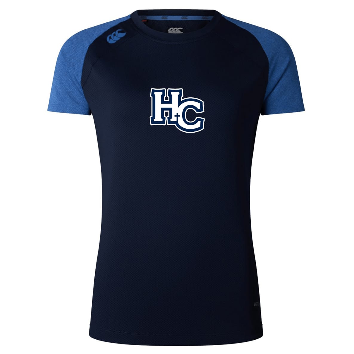 The Holy Cross Women's Elite Training Tee by WRS Canterbury features navy Vapodri fabric, short royal blue sleeves, and bold white "HC" letters outlined in blue on the chest for breathable comfort during workouts.