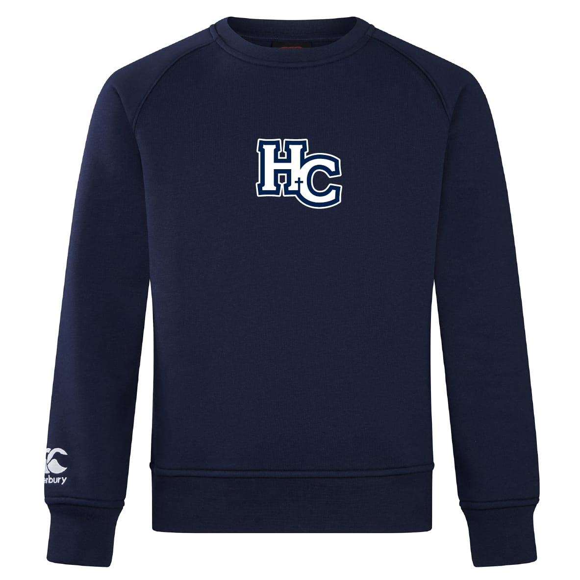 The Holy Cross Club Crew Sweatshirt by Canterbury from WRS Canterbury is a navy blue, ultra-soft sweatshirt with "HC" in white on the chest, embroidered CCC logo, and a small Canterbury logo on the left sleeve for classic comfort and style.