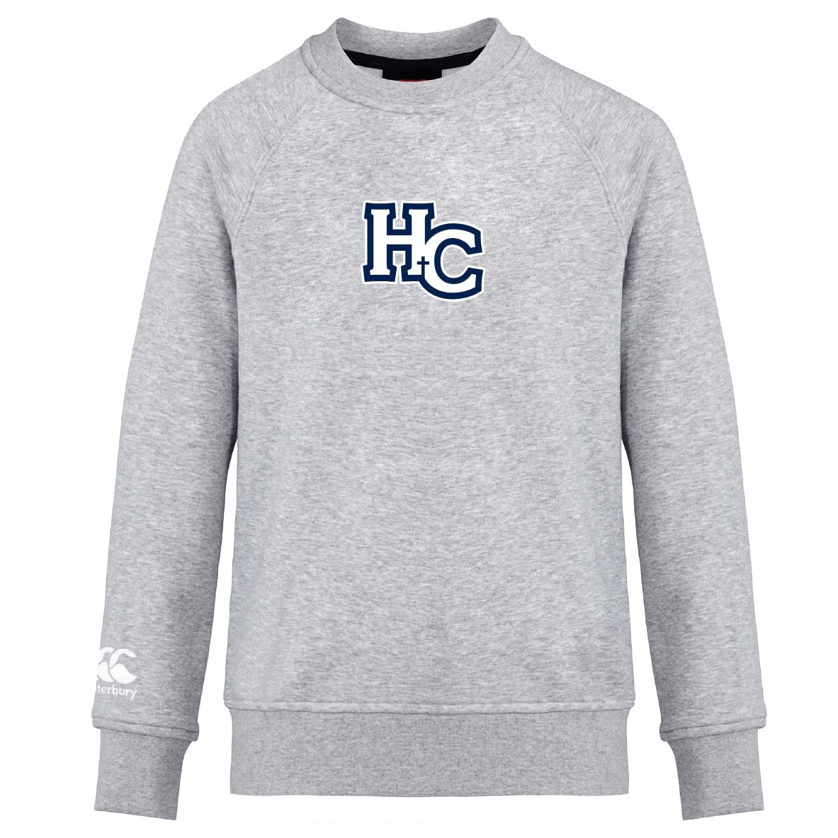 The Holy Cross Club Crew Sweatshirt by Canterbury is a light gray, ultra soft long-sleeve from WRS Canterbury, featuring a large navy and white "HC" logo on the chest and a small embroidered CCC logo on the left sleeve.