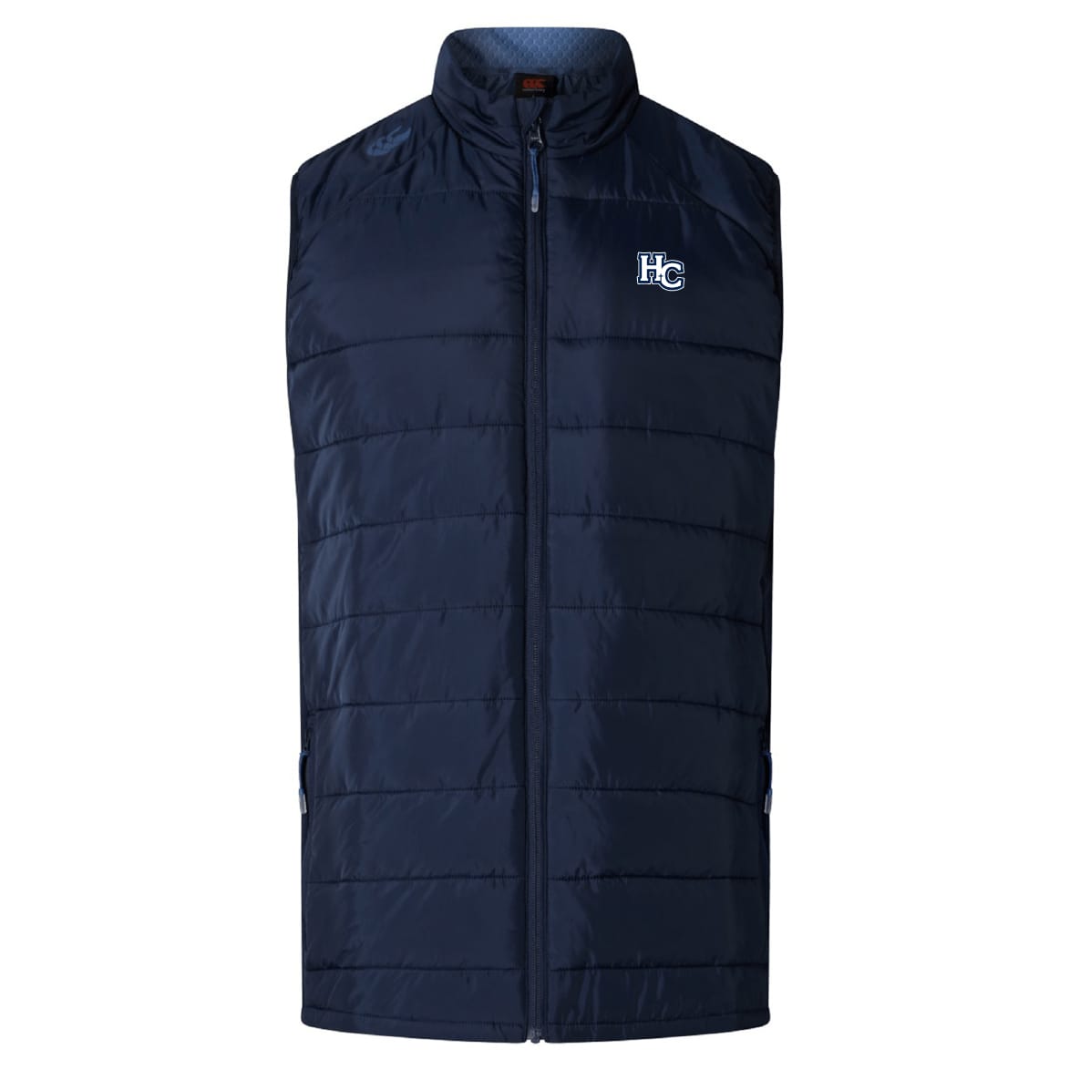 The Holy Cross Elite Microlite Gilet by EMB Canterbury is a navy blue, quilted, sleeveless insulated vest with a zip front and "HC" logo on the left chest.