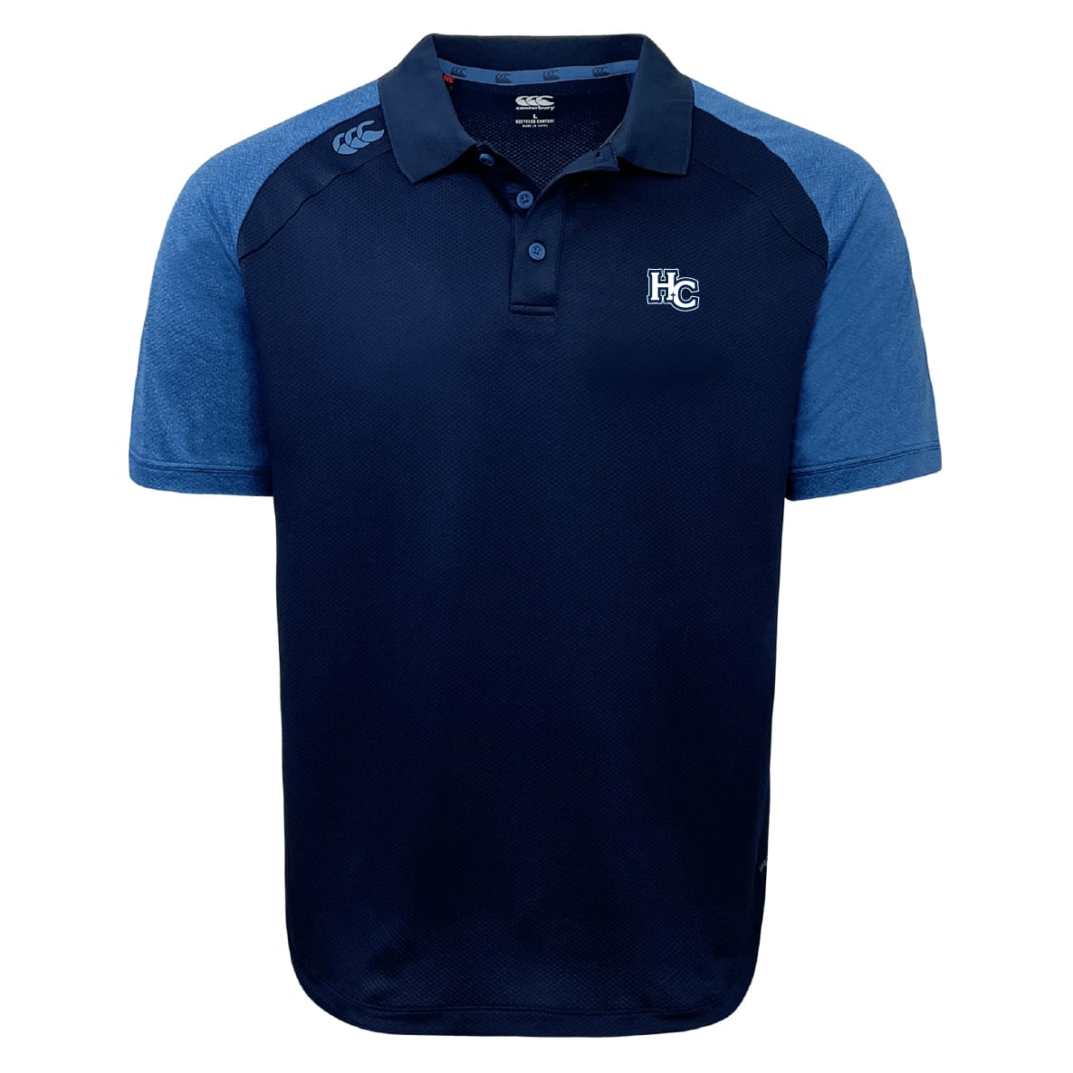 The Holy Cross Elite Polo by EMB Canterbury is lightweight and durable, in navy with light blue sleeves. It features Vapodri fabric, a collar, button placket, and an "HC" logo on the left chest.
