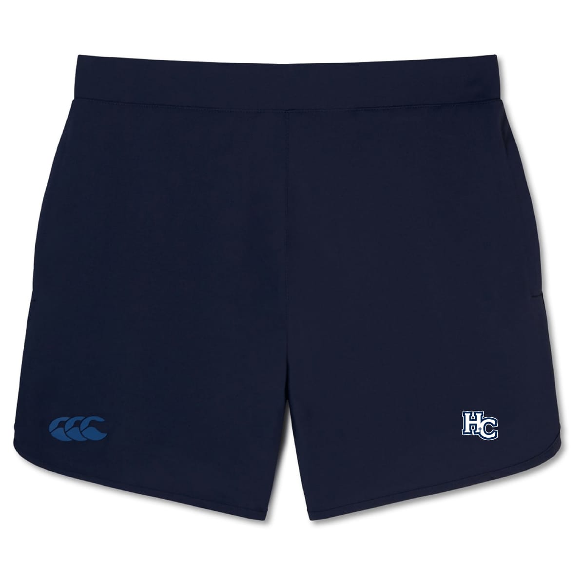 The Holy Cross Elite Woven Short by EMB Canterbury is a navy gym short with a small "HC" logo on the right leg, Canterbury logo on the left, and zippered pockets—ideal for training.