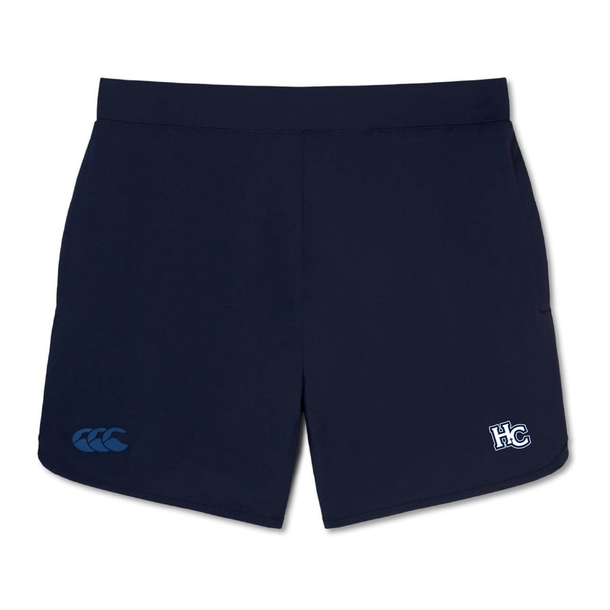The Holy Cross Women's Elite Woven Short by EMB Canterbury features a navy blue design with an "HC" logo on the right leg and a Canterbury logo on the left leg.