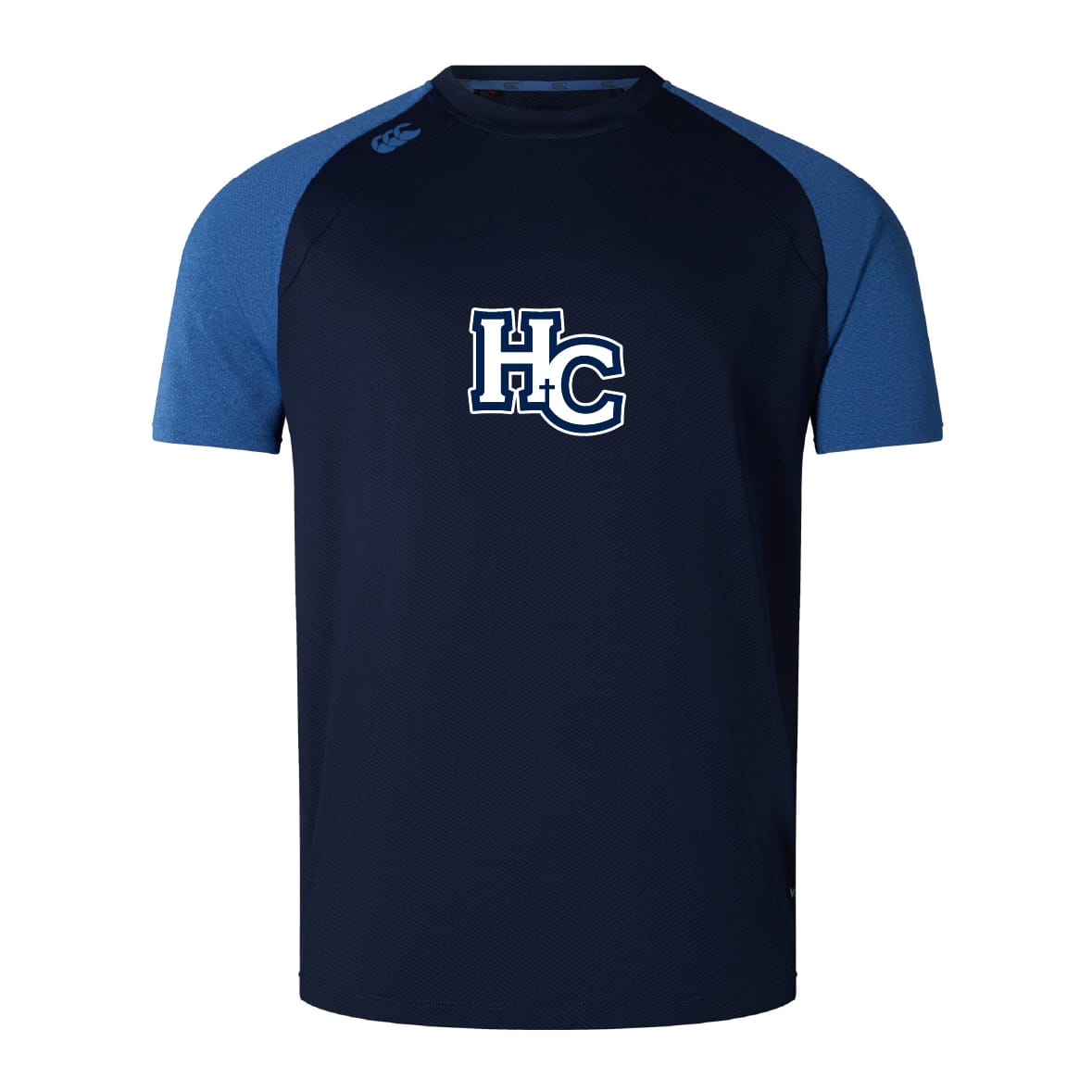 The Holy Cross Elite Training Tee by WRS Canterbury features navy and blue short sleeves, a white "HC" chest logo, lightweight durable tee construction, and Vapodri fabric for superior comfort and performance.