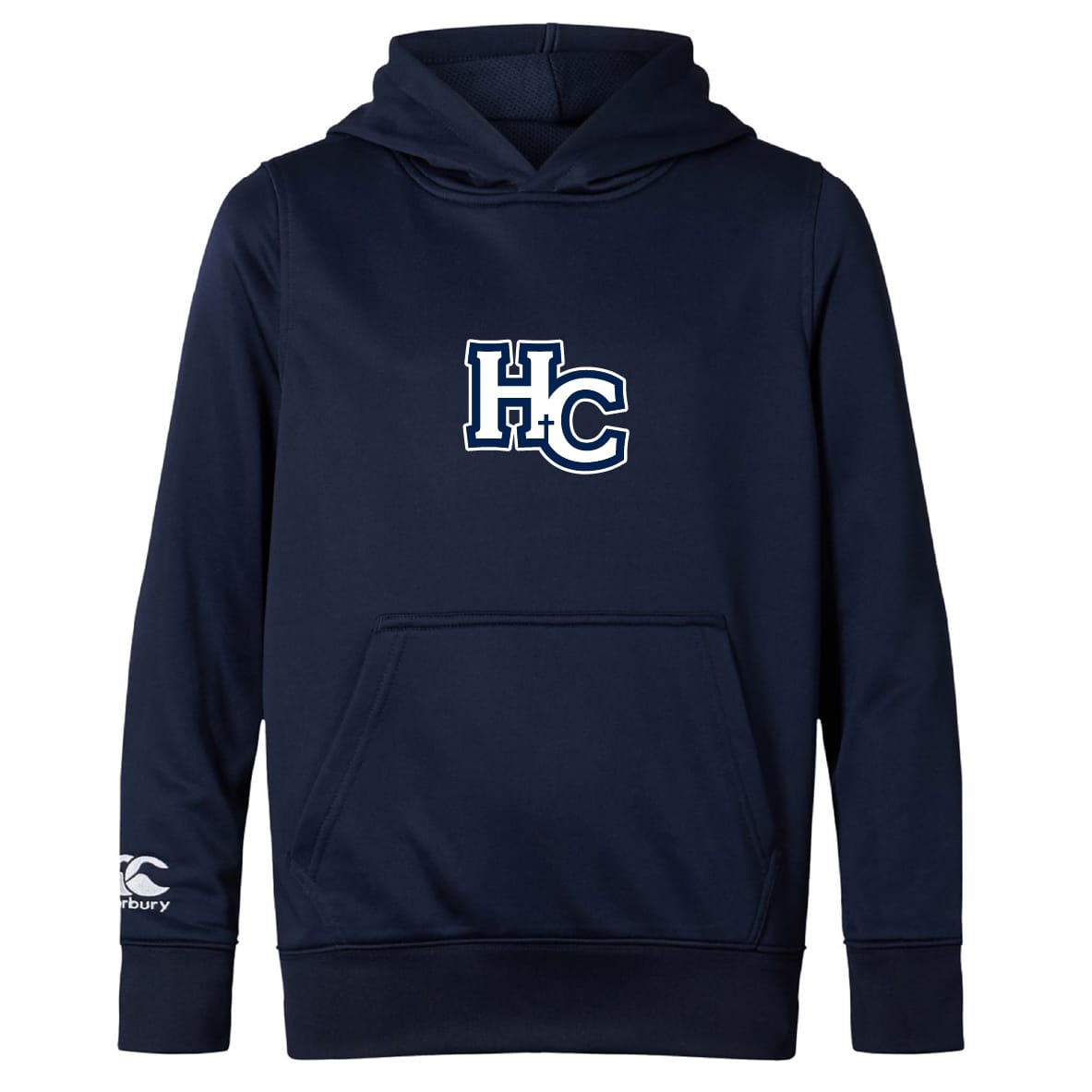 The Holy Cross Club Lightweight Hoodie by Canterbury, from WRS Canterbury, is a navy blue hoodie with a front pouch pocket, white "HC" chest logo, and Canterbury Club sleeve logo. Custom made for comfort and style.