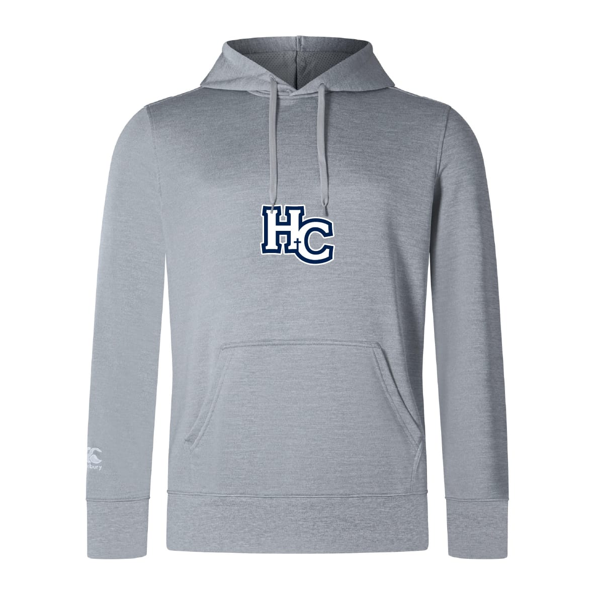 The Holy Cross Club Lightweight Hoodie by WRS Canterbury is a light gray sweatshirt with a front pocket, drawstrings, and a navy blue and white "HC" chest logo—ideal for Canterbury Club fans.