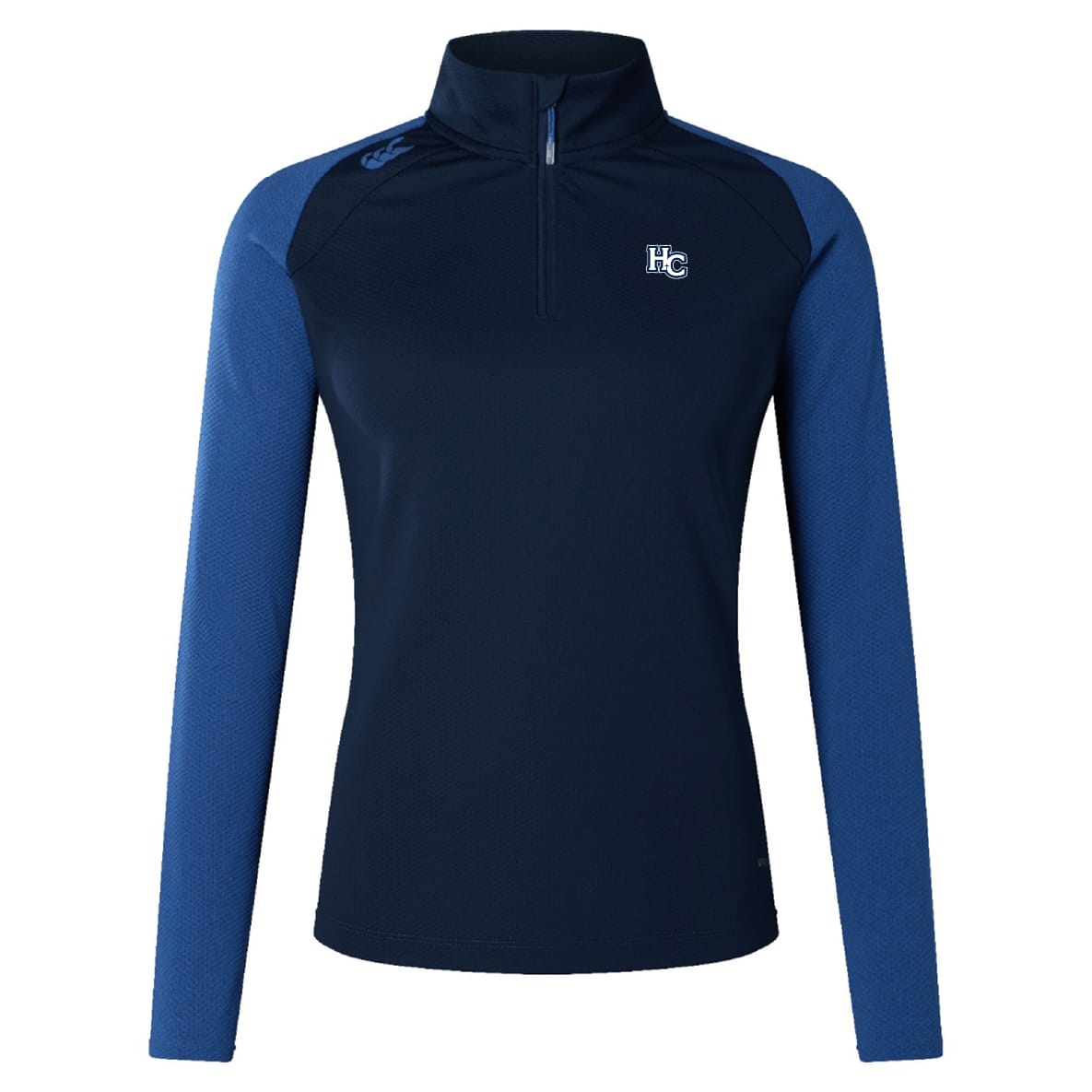 The Holy Cross Women's Elite First Layer by EMB Canterbury is a navy blue quarter-zip athletic top with lighter blue sleeves, VapoDri moisture control, and an "HC" logo—perfect for intense women's training.