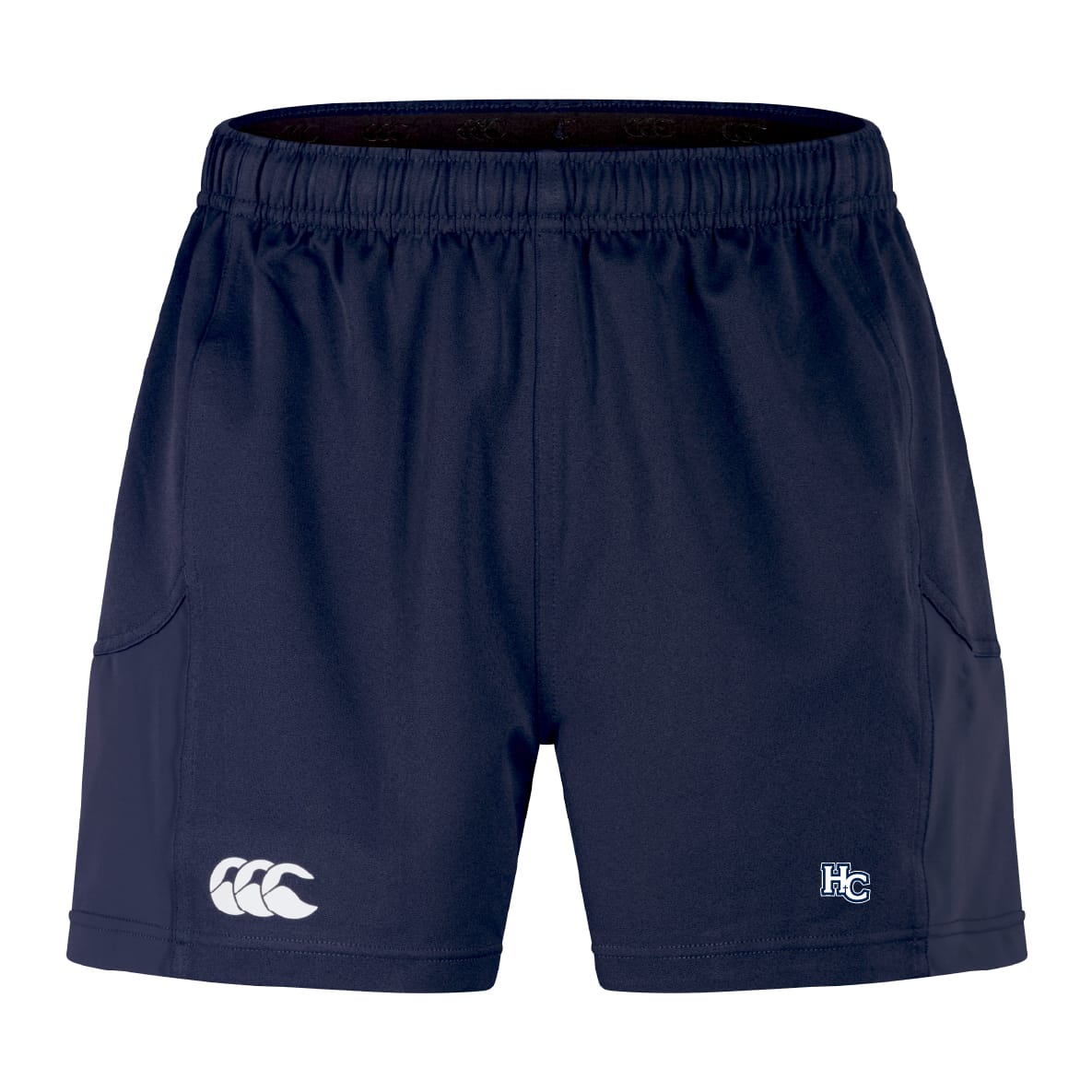 The EMB Canterbury Holy Cross Advantage Short 2.0 features a navy design with an elastic waistband, side pockets, and two small embroidered logos on the front.