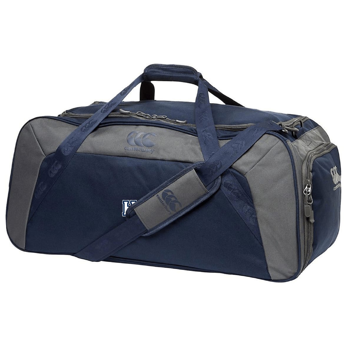 The Holy Cross Holdall Duffle Bag by EMB Canterbury is a spacious navy and gray bag with a shoulder strap, zip compartments, and a small side logo—ideal for carrying your rugby gear.