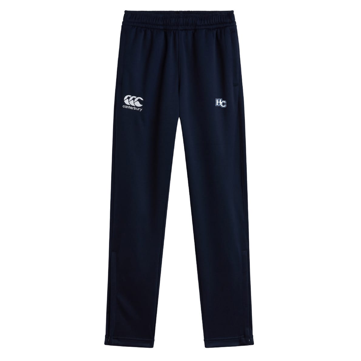 The Holy Cross Stretch Tapered Pant by EMB Canterbury is a navy blue men’s workout pant with an elastic waistband, quick dry fabric, and two white logos on the upper thighs, shown on a plain white background.