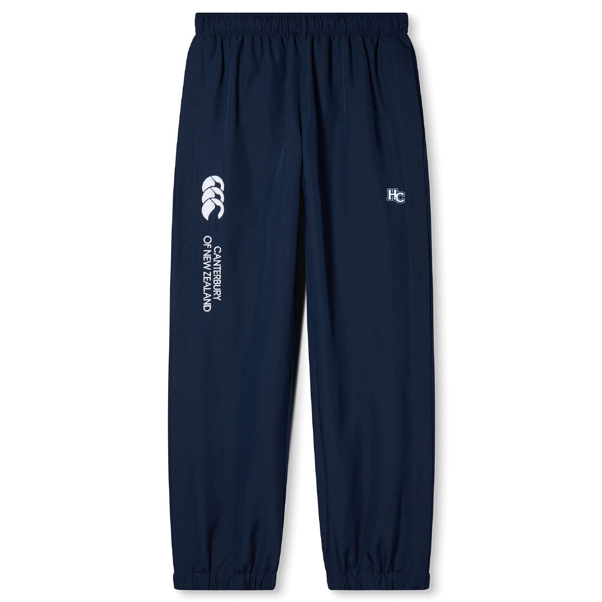 The Holy Cross Cuffed Hem Stadium Pant by EMB Canterbury features an elastic waist, cuffed hem, and logos on the left leg—ideal rugby pants for training or casual wear.
