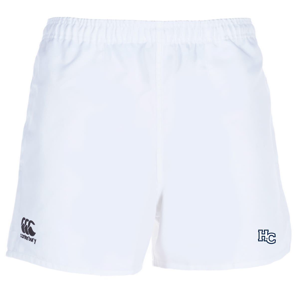 The Holy Cross Advantage Rugby Shorts by EMB Canterbury feature an elastic waistband, the Canterbury logo on the left leg, and an "HC" emblem on the right.