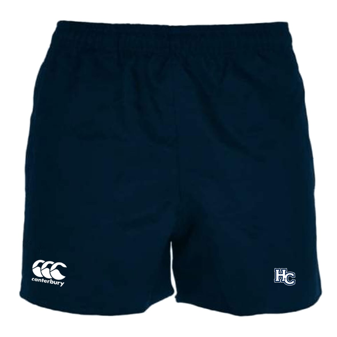 Holy Cross Advantage Rugby Shorts by EMB Canterbury—navy rugby shorts with elastic waistband, white Canterbury logo on the left leg, and “HC” emblem on the right. Durable design, ideal for training or matches.