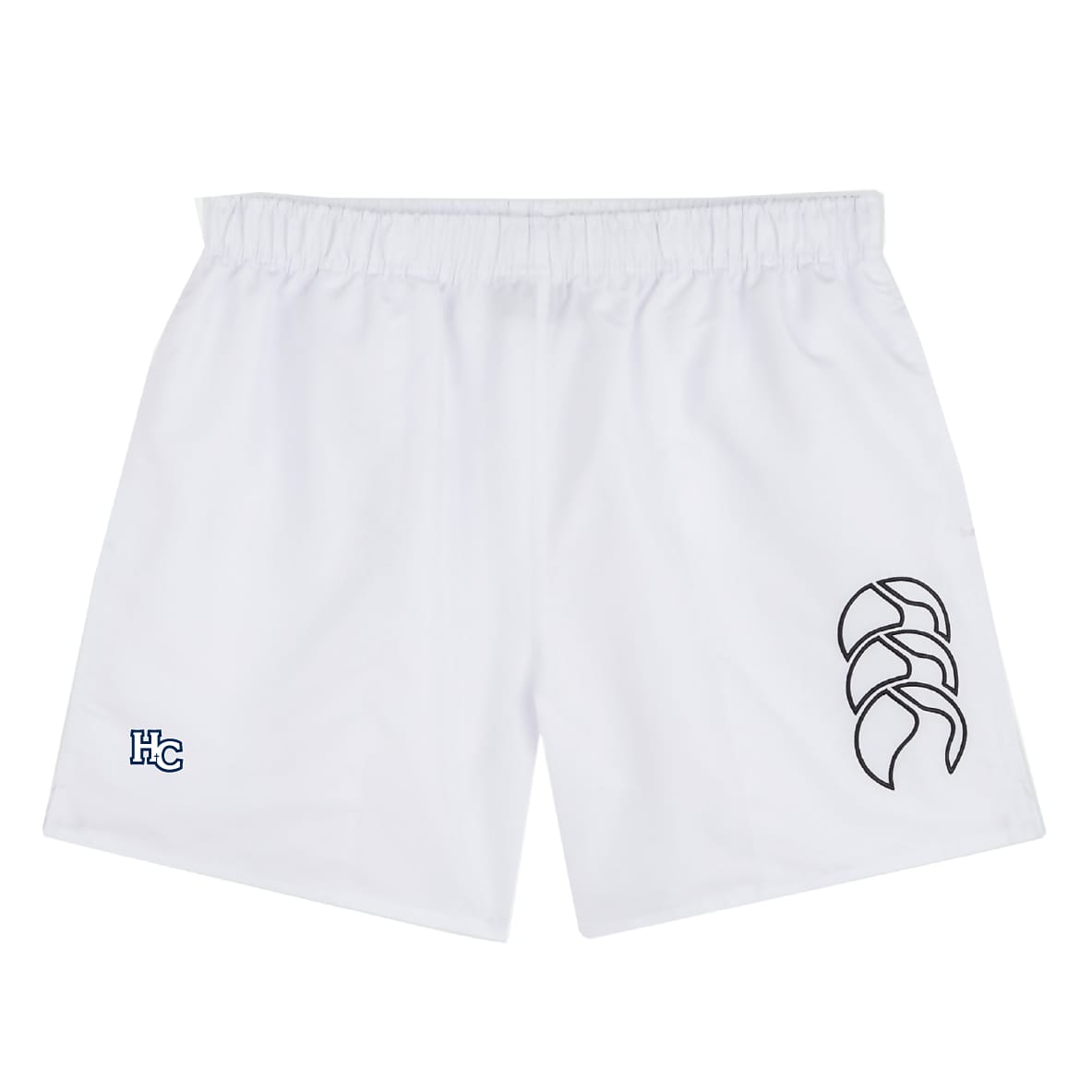 The Holy Cross Tactic Short by EMB Canterbury features an elastic waistband, a black outlined logo on the right leg, and a small blue "HC" logo on the left leg.