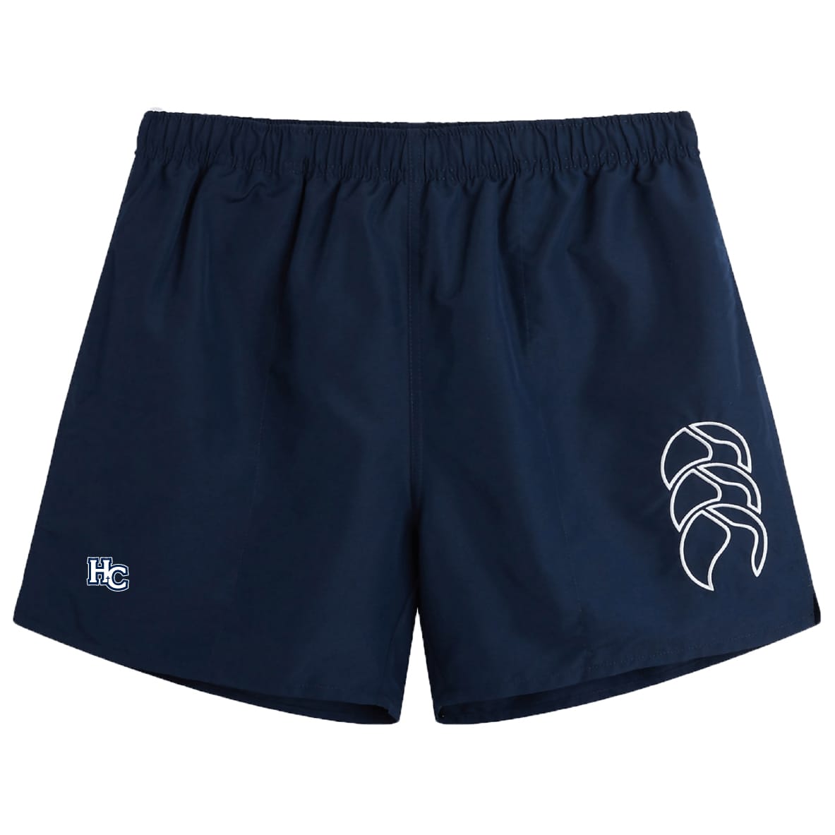 The Holy Cross Tactic Short by Canterbury features a navy design, elastic waistband, white geometric EMB Canterbury logo on the right leg, and "HC" on the left—ideal for rugby or any workout.