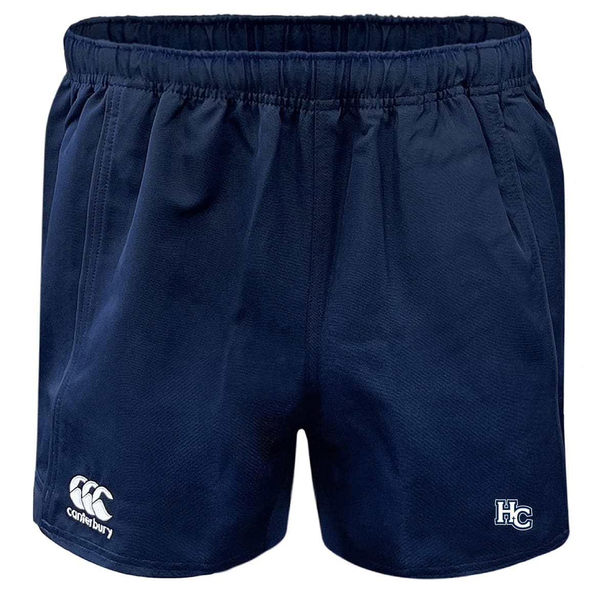 The Holy Cross Professional Polyester Rugby Short by EMB Canterbury features a navy blue design, elastic waistband, and durable polyester. White Canterbury and HC logos appear on the lower front legs—ideal for training or match day.