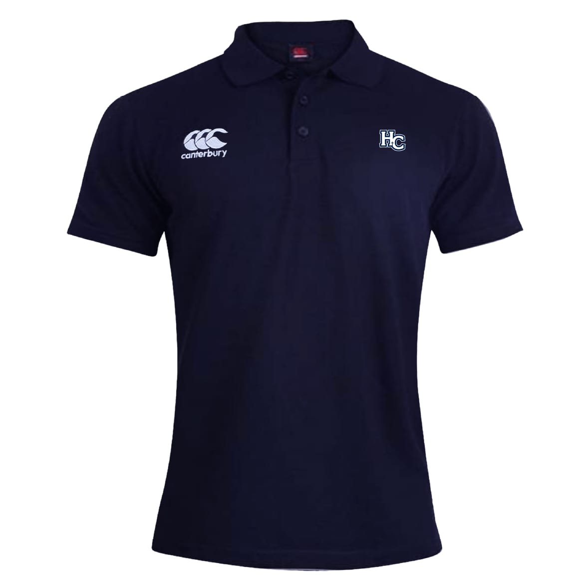 The Holy Cross Waimak Polo by EMB Canterbury is a navy blue short-sleeve rugby polo with the Canterbury logo on the right chest and "HC" initials on the left chest.