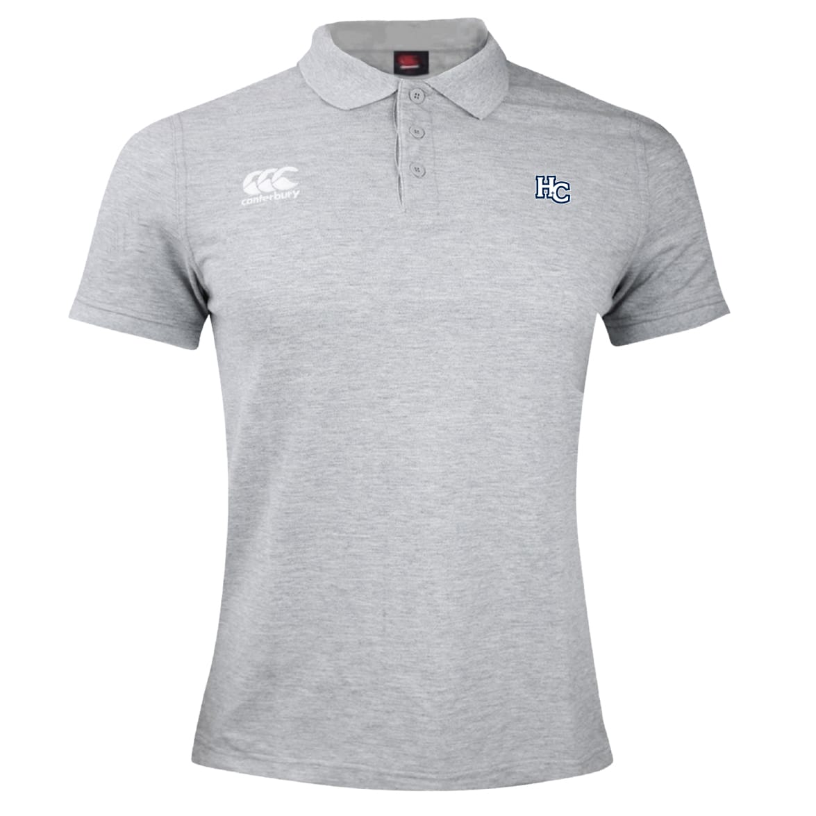 The Holy Cross Waimak Polo by Canterbury is a light grey short-sleeve rugby polo with a collar, featuring the EMB Canterbury logo on the right chest and an "HC" emblem on the left, inspired by the classic CCC Waimak Rugby Polo.