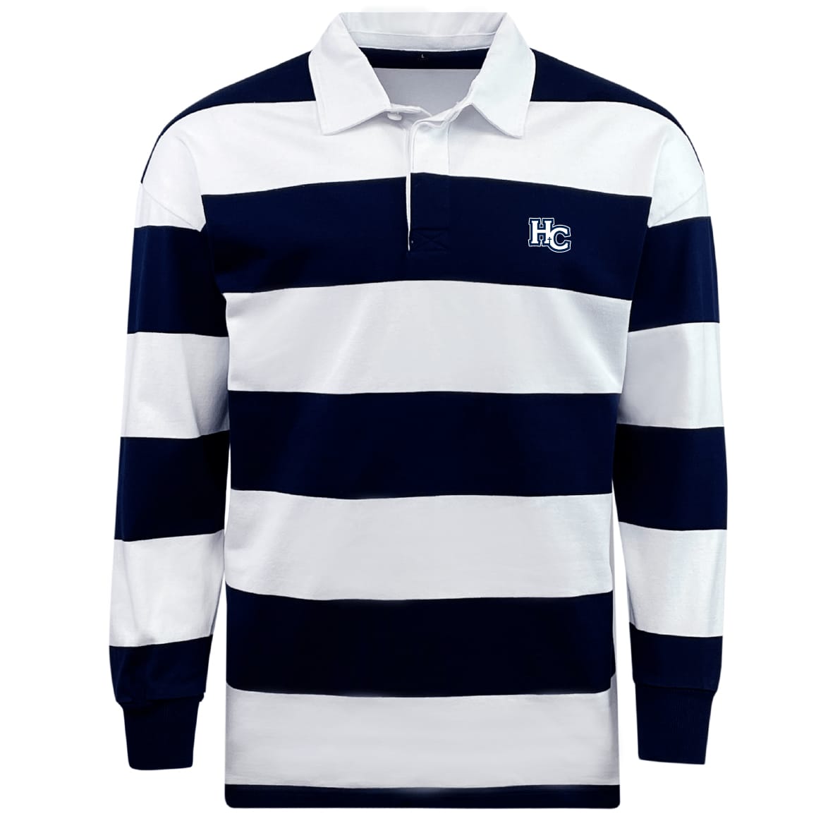 The EMB Mudoo Holy Cross Classic Long Sleeve Hooped Rugby Jersey features wide navy and white stripes, an "HC" chest logo, and delivers timeless style and comfort.