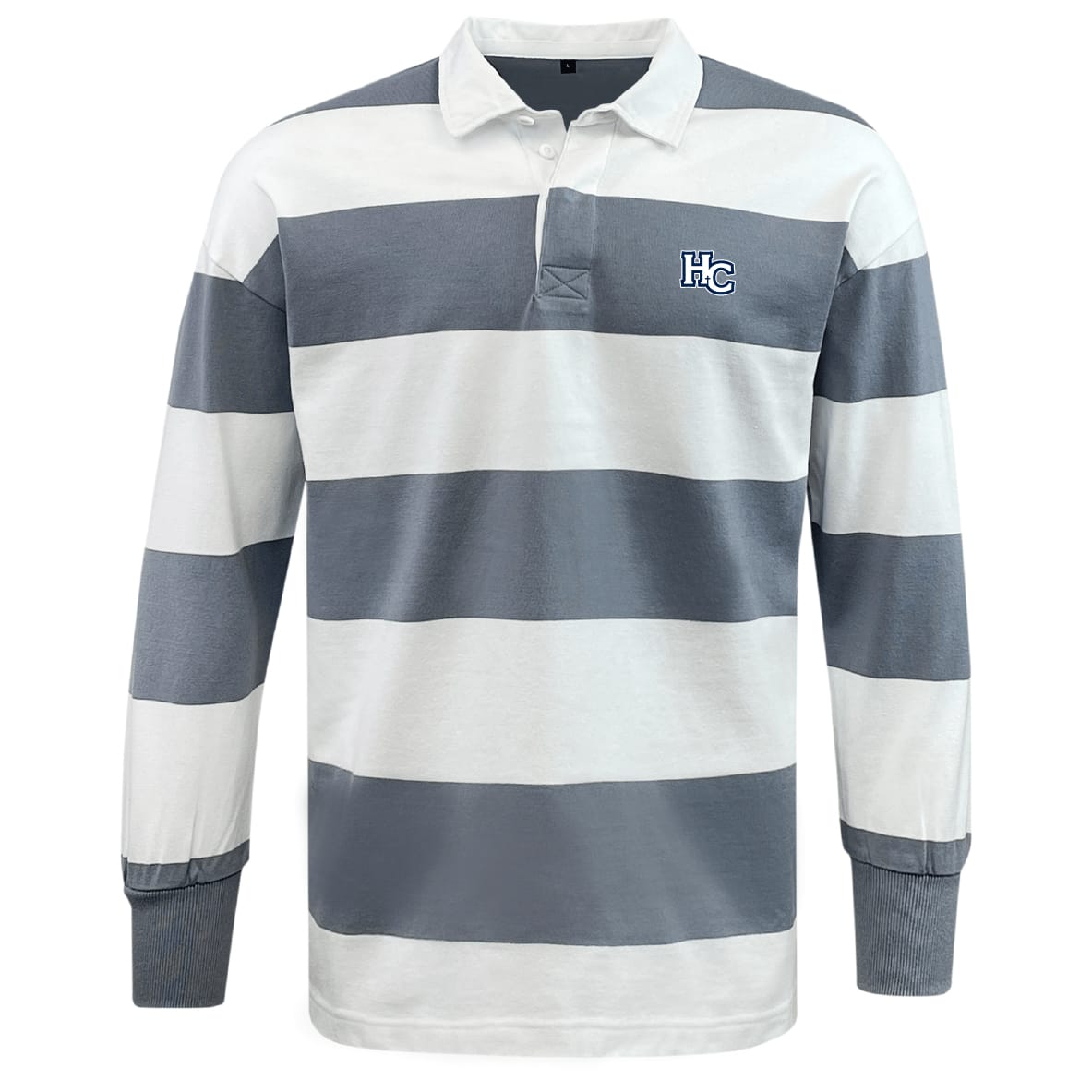 The Holy Cross Classic Long Sleeve Hooped Rugby Jersey by EMB Mudoo features broad white and grey stripes, a white collar, "HC" logo on the left chest, and timeless rugby shirt styling.