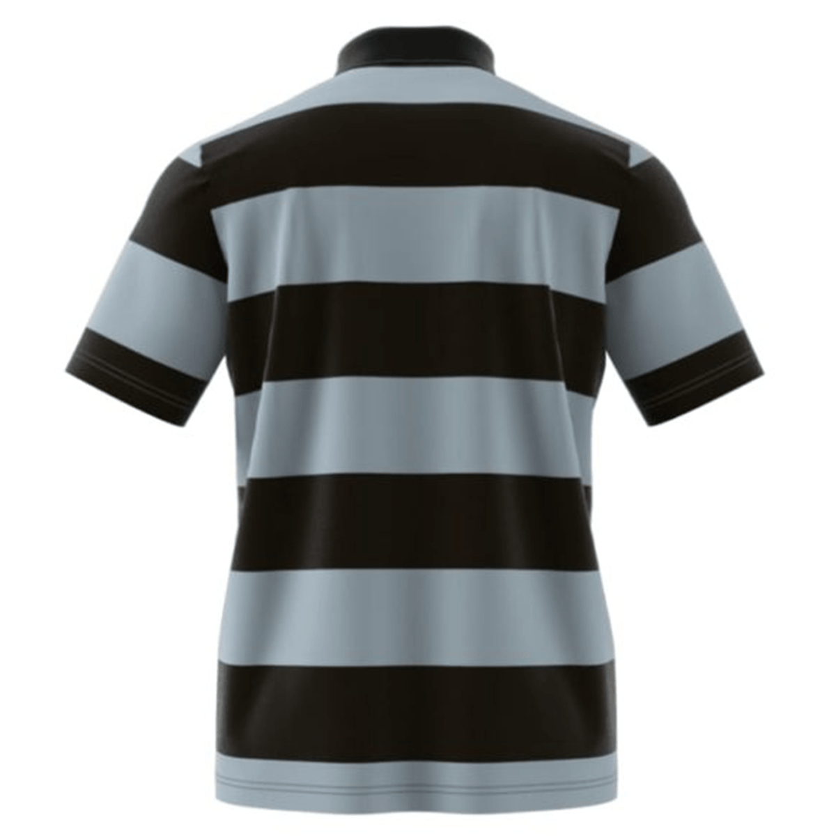 Back view of a short-sleeved All Blacks Supporters Polo by adidas, showcasing horizontal black and light blue stripes.