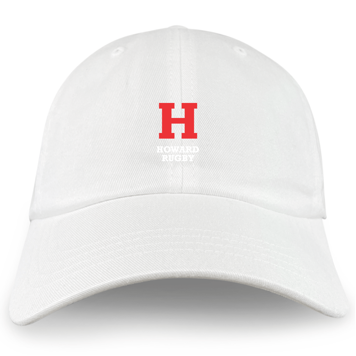 The Howard University Adult Low-Profile Cotton Twill Dad Cap by EMB S&S Activewear features a large red embroidered "H" and "HOWARD RUGBY" team branding on the front.