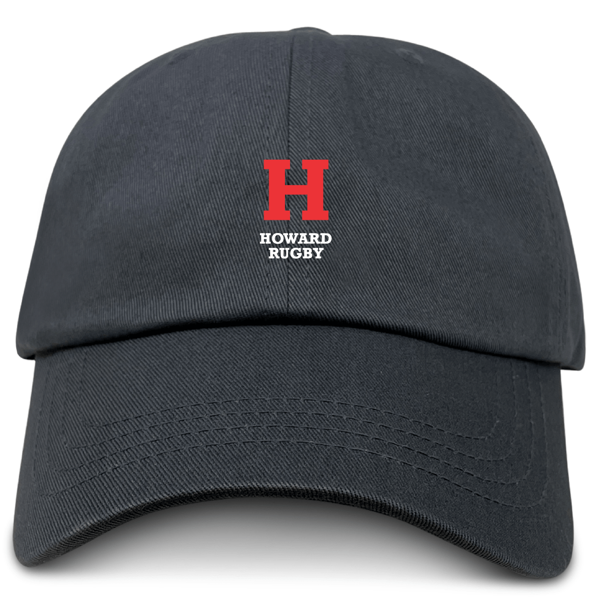 The EMB S&S Activewear Howard University Adult Low-Profile Cotton Twill Dad Cap is black with a red "H" and white "Howard Rugby" embroidery on the front for classic team style.
