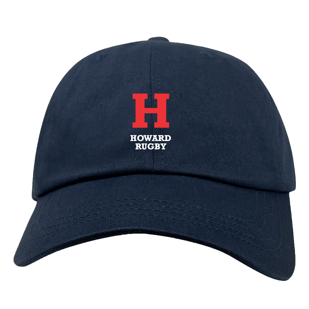 The Howard University Adult Low-Profile Cotton Twill Dad Cap by EMB S&S Activewear features navy blue cotton twill with a large red embroidered "H" and white "Howard Rugby" text on the front for bold team branding.
