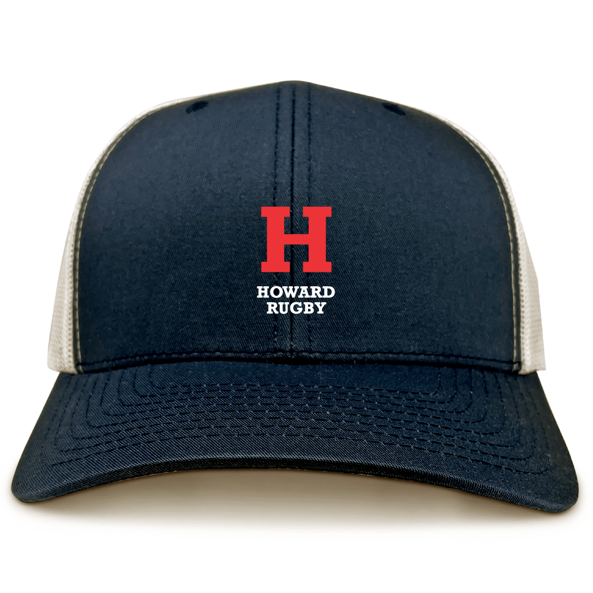 The Howard University Retro Trucker Cap by EMB S&S Activewear is a navy and white cap made of polyester-cotton, featuring a red "H" and "Howard Rugby" on the front, with a snapback closure for comfort.