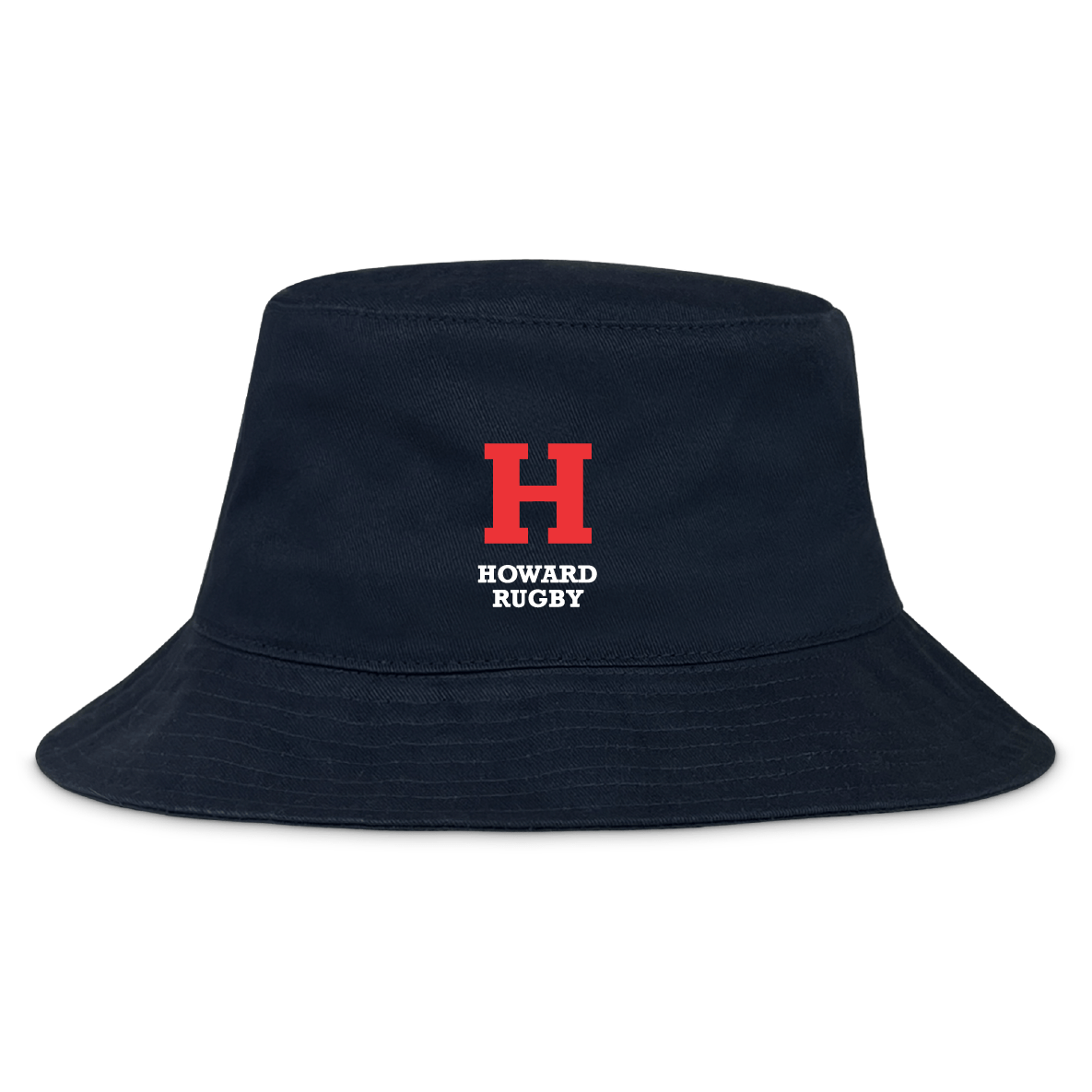 The Howard University Crusher Bucket Cap by EMB S&S Activewear is a navy cotton twill hat with a bold red "H" and "Howard Rugby" in white on the front, combining style and sun protection.