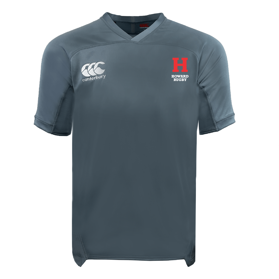 The EMB Canterbury Howard University Vapodri Evader Jersey features a moisture-wicking VapoDri finish, the iconic Canterbury logo on the left, and a red "H" with "Howard Rugby" text on the right.