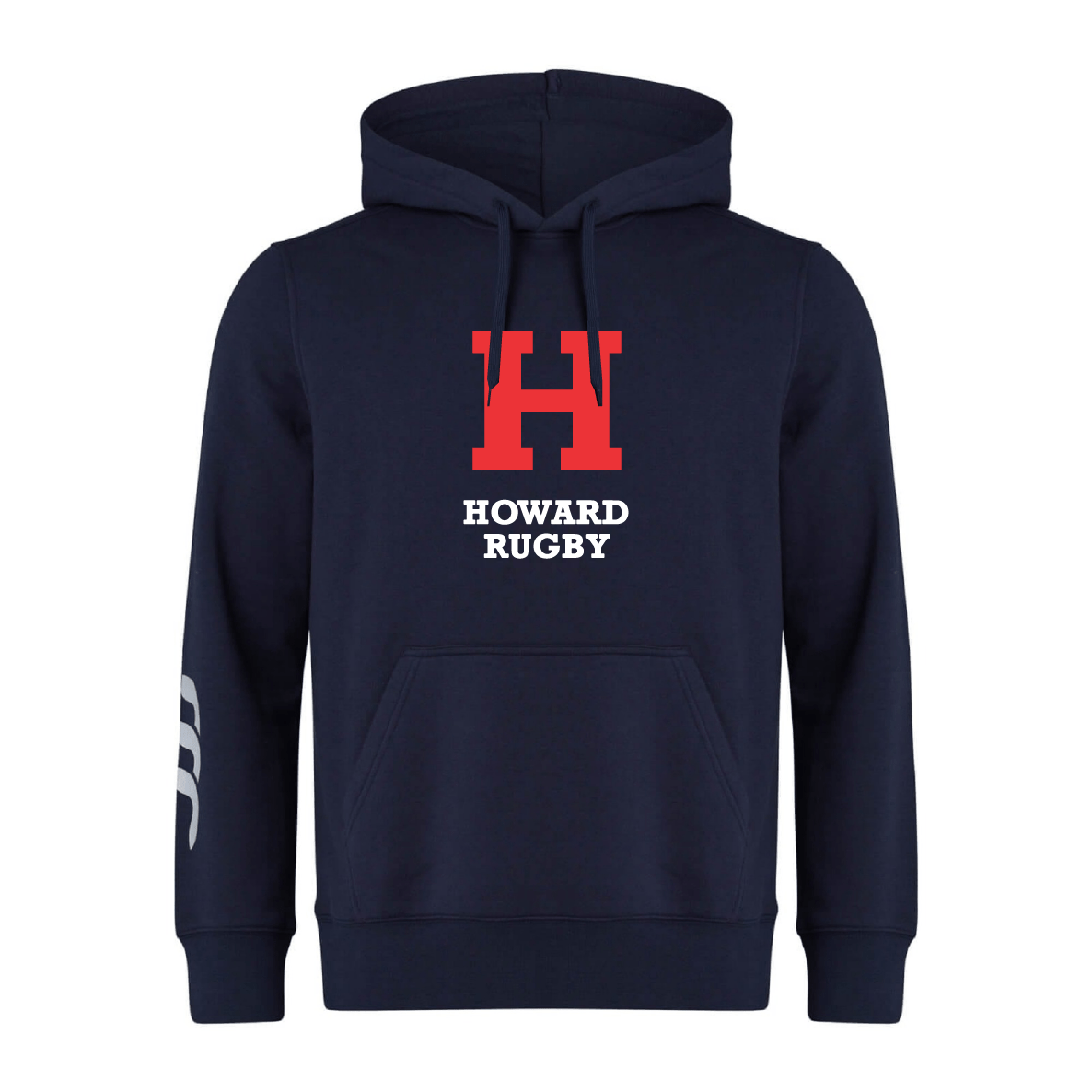 The Howard University Club Hoodie by WRS Canterbury features a navy design with a large red "H" and "HOWARD RUGBY" on the front, white stripes on the left sleeve, Canterbury branding, and customizable options for players and fans.