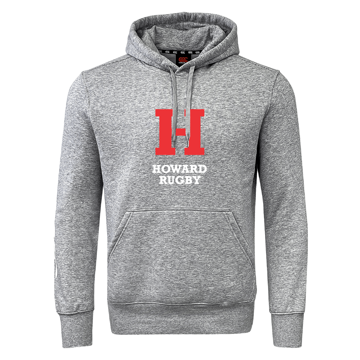 The Howard University Club Hoodie by Canterbury features a gray design with a red "H" and "Howard Rugby" in white on the front, highlighted by WRS Canterbury branding.