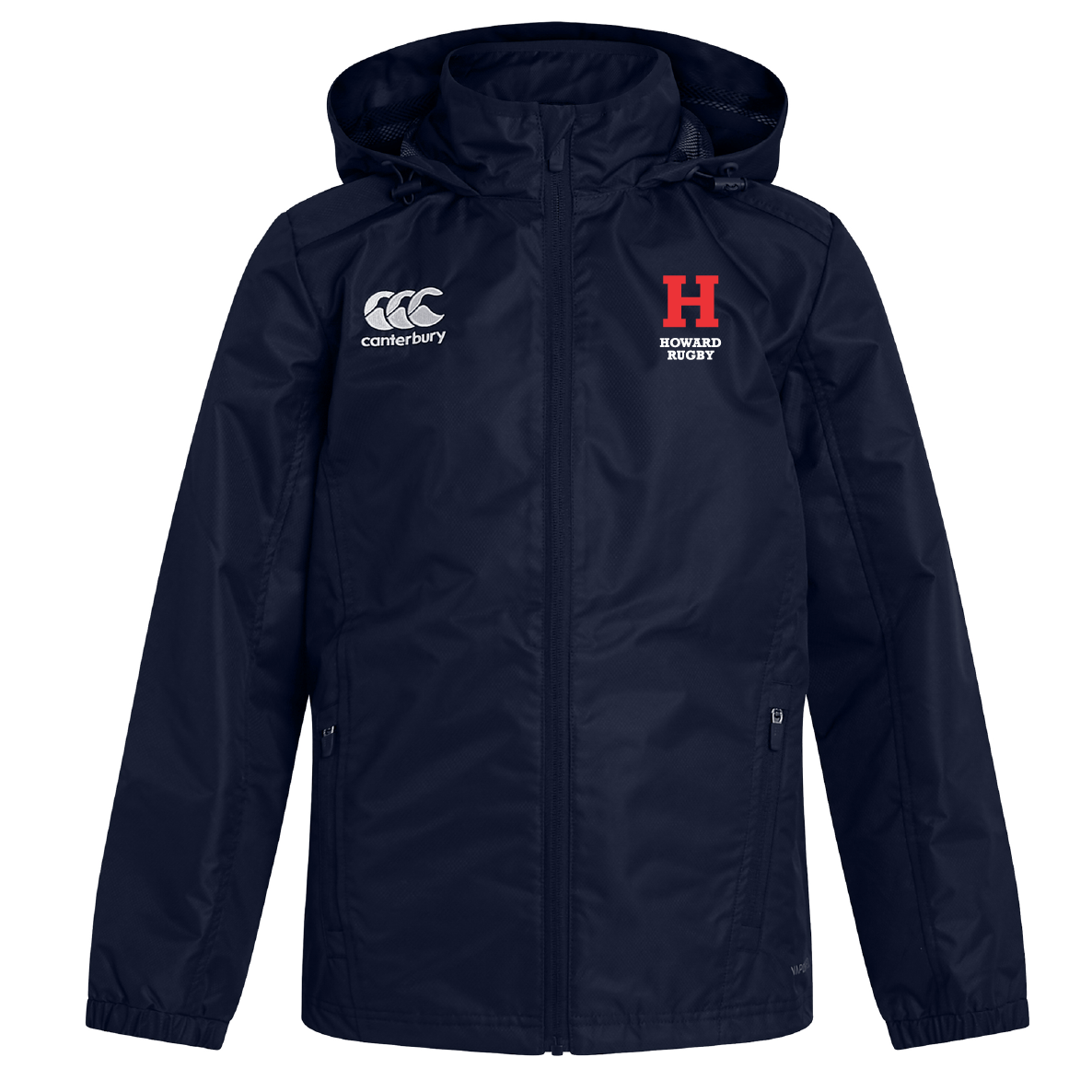 The EMB Canterbury Howard University Club Vaposhield Full Zip Rain Jacket in navy blue is water-resistant, featuring VapoShield technology. It displays a white Canterbury logo and a red "H" above "Howard Rugby" on the front.