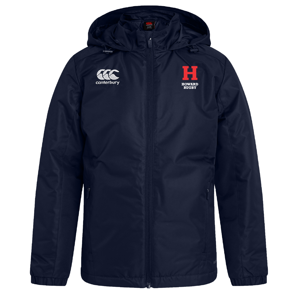 Navy rugby jacket by EMB Canterbury with a hood, Canterbury logo, and red "H" with "Howard Hoory" on the chest. Features Vaposhield technology for water resistance.