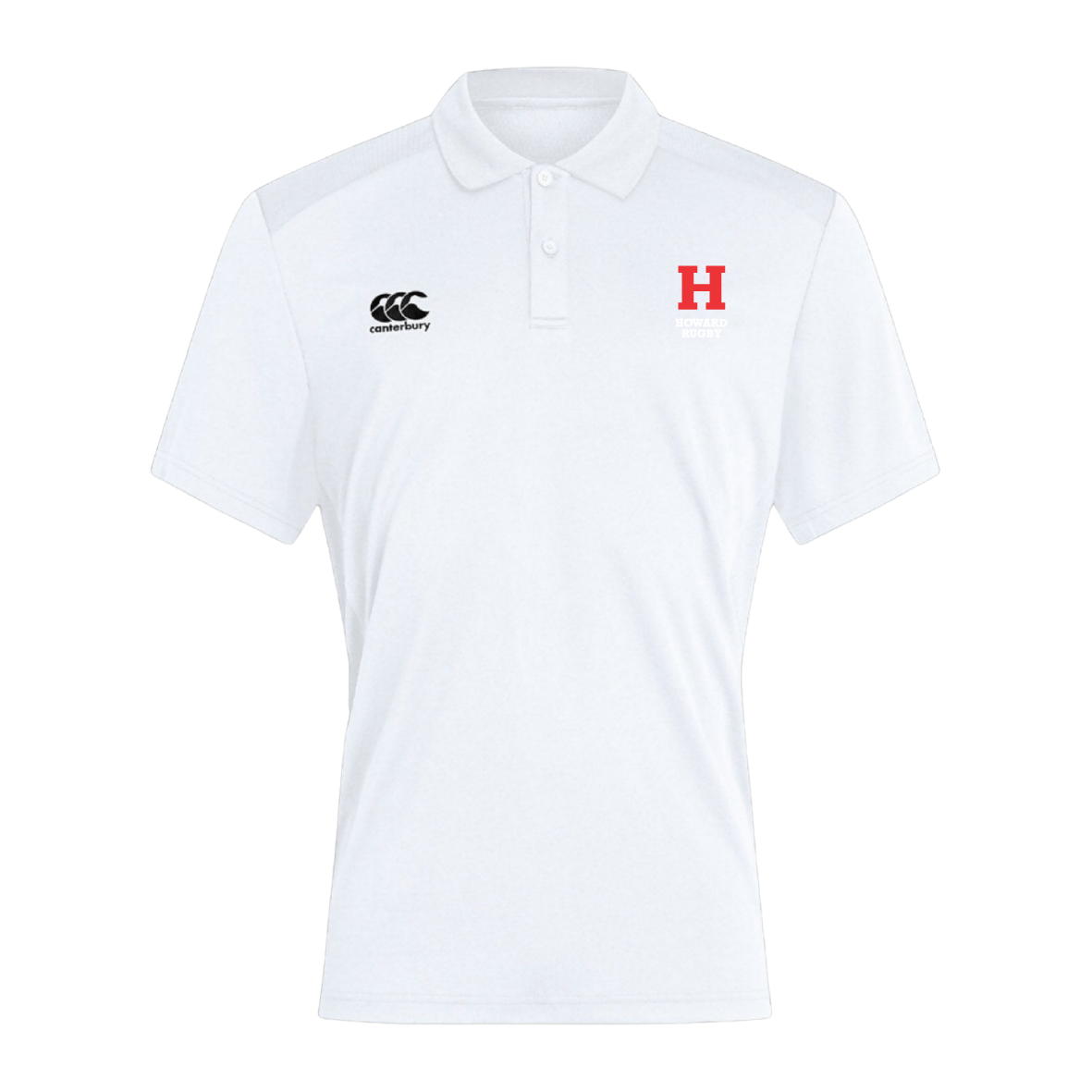 The Howard University Club Dry Polo by EMB Canterbury is a white, breathable Vapodri Technology polo shirt with a red "H" on the right chest, black logo on the left, and features a collar and short sleeves.