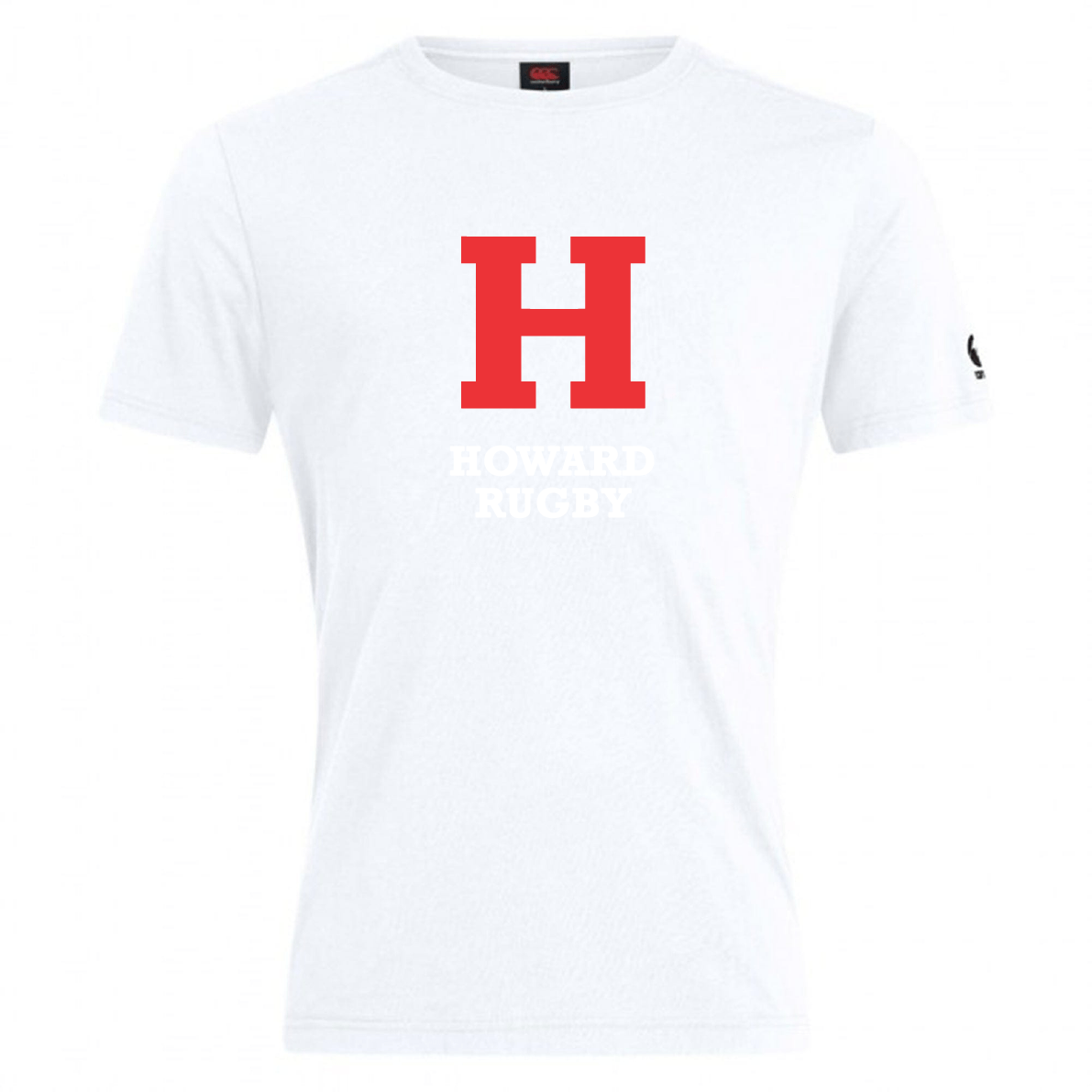 The Howard University Club Plain Tee by WRS Canterbury is a white t-shirt made from a soft cotton blend, featuring a large red "H" and "Howard Rugby" in white. This CCC Club Plain Tee combines effortless style with room for customization.