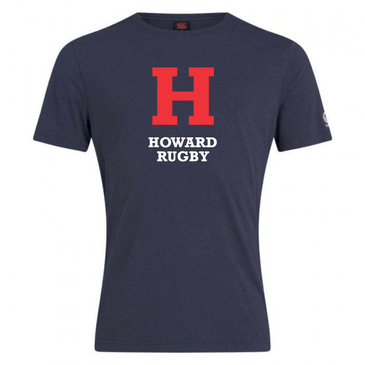 The Howard University Club Plain Tee by WRS Canterbury is a dark blue top made from a cotton-heavy blend, with a large red "H" above the white text "Howard Rugby" and subtle Canterbury branding, echoing the classic CCC Club Plain Tee.