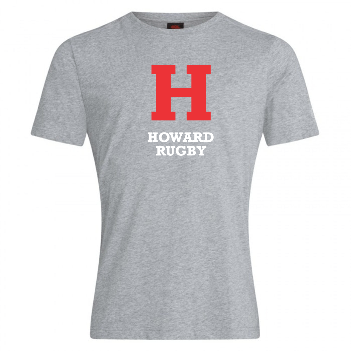 The Howard University Club Plain Tee by WRS Canterbury features a large red "H" above "Howard Rugby" in white on a gray cotton-heavy blend t-shirt, with subtle Canterbury branding for authenticity.
