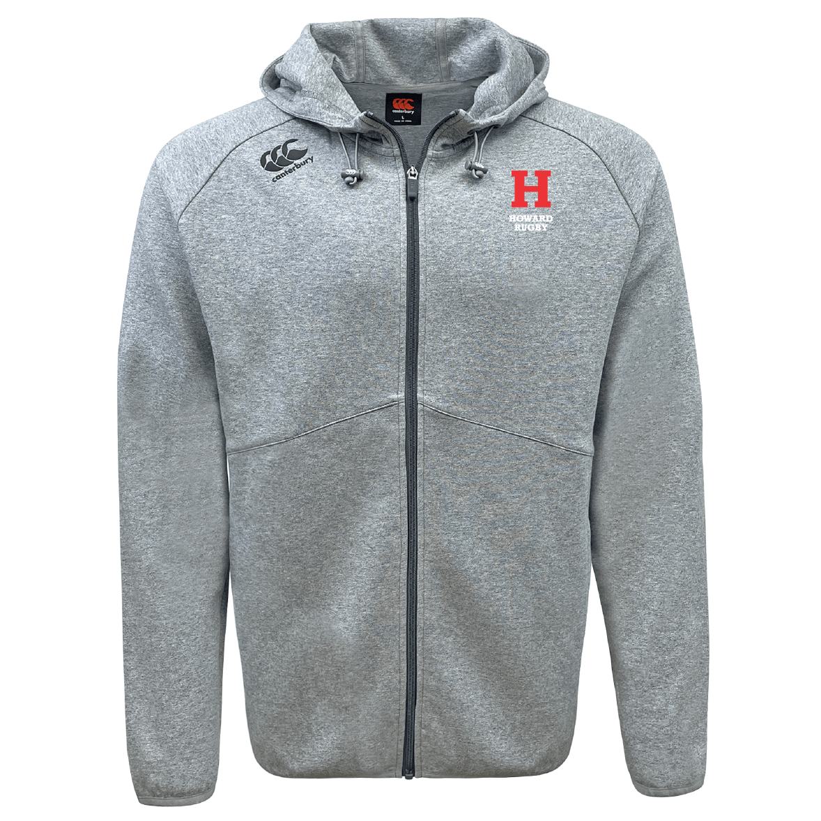 The Howard University Tempo Vapodri Full-Zip Hoodie by EMB Canterbury is a gray zip-up with moisture-wicking fabric, a drawstring hood, and an "H" logo alongside Canterbury branding and small text on the left chest.