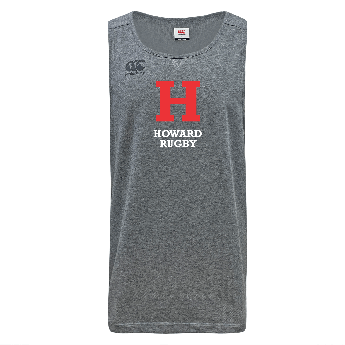 The Howard University Tempo Vapodri Singlet by WRS Canterbury features "H Howard Rugby" in bold red and white on a gray tank top with a Canterbury logo near the shoulder. Made from recycled polyester, it uses VapoDri technology for enhanced performance and comfort.